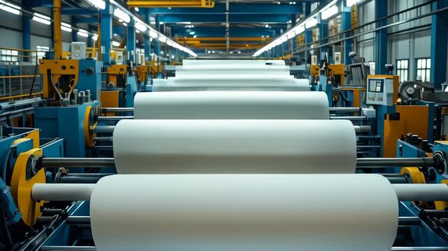 Footage of a paper factory producing large white paper rolls, highlighting the efficiency of modern machinery and mass production