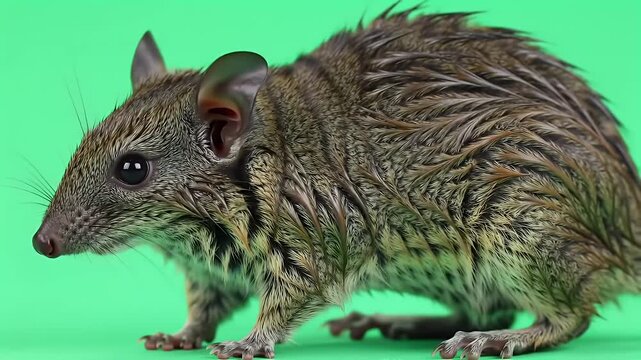 Profile of a long-nosed elephant shrew (sengi) with striped fur on a vibrant green background