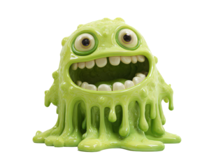 Joyful lime green dripping slime monster with big eyes and a wide toothy smile.