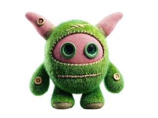 Cute green furry monster plush toy with pink stitched fabric button details and large sparkly eyes.