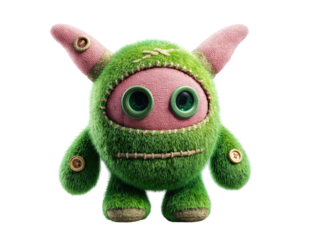 Cute green furry monster plush toy with pink stitched fabric button details and large sparkly eyes.