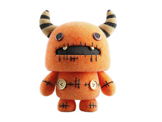 Cute orange fluffy monster toy with striped horns button eyes and black stitching.