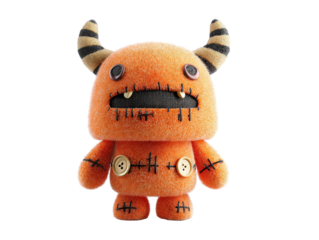Cute orange fluffy monster toy with striped horns button eyes and black stitching.