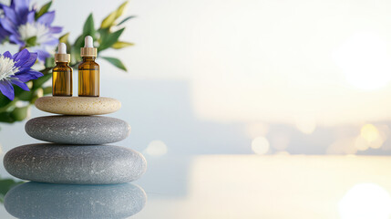 Serene spa experience with essential oil bottles on stacked stones, surrounded by flowers, creating calming atmosphere