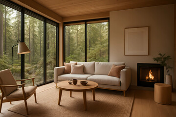 Fototapeta premium The interior of the retreat and retreat space. A house in the forest