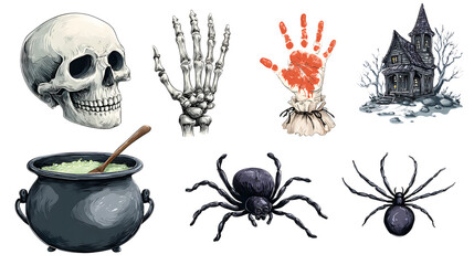 Halloween spooky set with skull, skeleton hand, bloody hand, haunted house, witch cauldron, and spiders, perfect for Halloween decorations and party designs