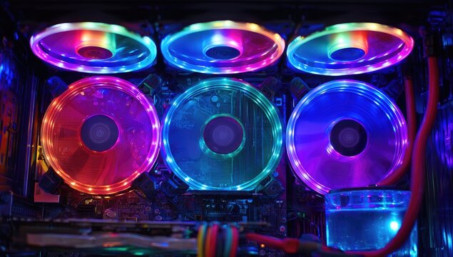 Colorful RGB computer fans illuminated inside a PC case