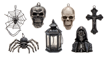 Fototapeta premium Halloween decorations assortment including skulls, spider, spiderweb, lantern, skeleton figure, and cross, perfect for spooky party setups