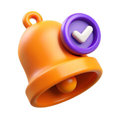 Orange notification bell icon with purple checkmark symbol isolated on transparent background
