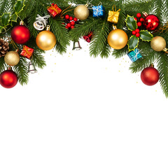 Festive christmas garland with ornaments and pine branches isolated on transparent background