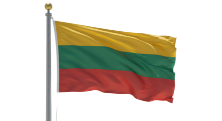 Lithuanian national flag waving on flagpole with white background, symbol of Lithuania, perfect for cultural and patriotic themes