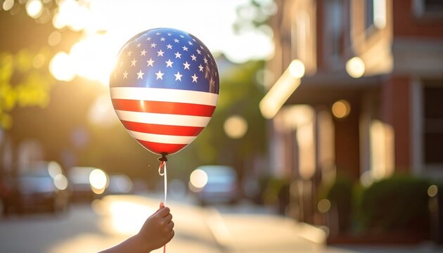 A hand holds a vibrant American flag balloon against a sunlit urban street background.