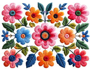 Colorful stitched flower, realistic embroidery, isolated on transparent background PNG