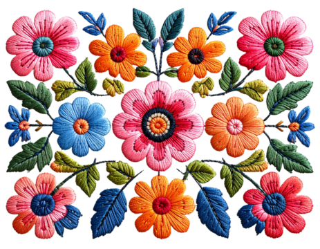 Colorful stitched flower, realistic embroidery, isolated on transparent background PNG