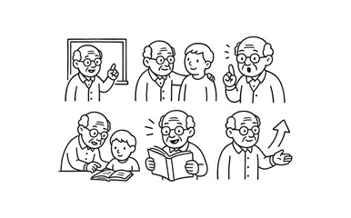 ? hand drawn cute doodle ink line art style line monochrome monochrome isolated on white background elder teacher (actions): teaching mentoring advising explaining storytelling guiding