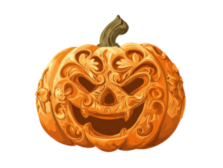 An intricately carved Halloween jack-o-lantern with ornate swirling patterns and a menacing fanged grin.