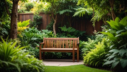 Obraz premium A wooden bench placed on a manicured grassy lawn surrounded by vibrant flowers and lush green plants