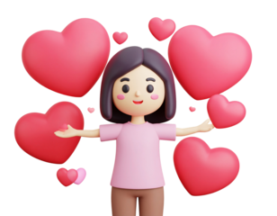 Cute in love 3D emoticon with floating hearts around, isolated PNG transparent background, photorealistic render, AI generated