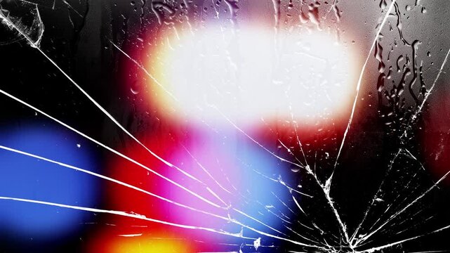 Cracked glass with raindrops and flashing police lights. Shattered glass with pulsating red and blue police lights and rain streaks. Abstract background for crime, emergency, danger, urban drama,vfx