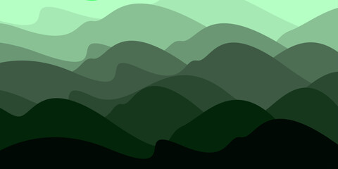 Green gradient layered mountain landscape background in abstract minimal style.