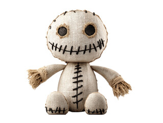 Creepy handmade burlap doll with a stitched smile and dark eyes sitting.