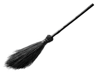 Classic black witchs broomstick with a rustic handle and natural twig bristles.