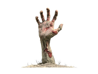 A gruesome decaying zombie hand with bloody wounds reaching up from the earth.