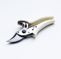 Garden pruners, plastic handle with stainless steel blades, isolated on a white background.