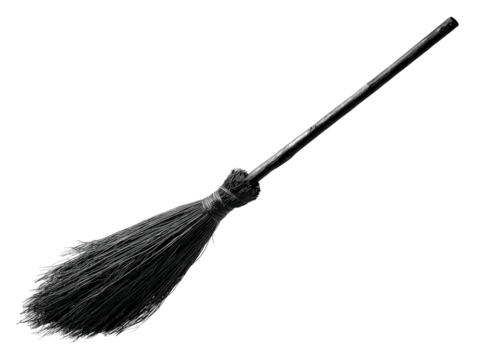 Classic black witchs broomstick with a rustic handle and natural twig bristles.