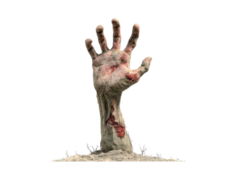 A gruesome decaying zombie hand with bloody wounds reaching up from the earth.