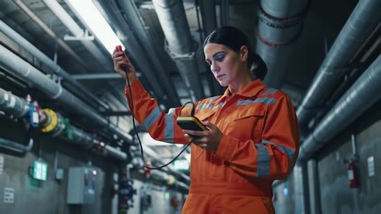 Female industrial worker inspecting pipeline infrastructure using a multimeter