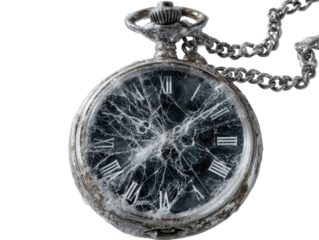 Tarnished antique pocket watch with a shattered glass face showing web-like cracks.