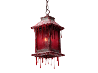 Gothic hanging lantern with a glowing light covered in thick dripping red blood.