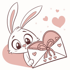 Cartoon Rabbit in Envelope with Hearts - Love Letter Illustration.