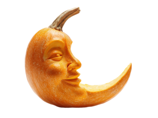 Artistic orange pumpkin carved into a crescent moon shape with a serene smiling face.