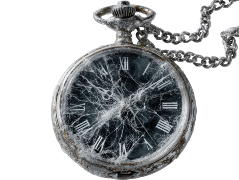 Tarnished antique pocket watch with a shattered glass face showing web-like cracks.