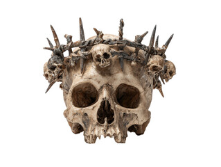 Weathered human skull wearing a dark spiky crown of thorns and miniature skulls.