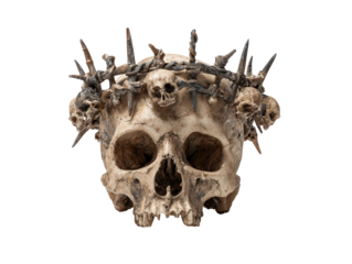 Weathered human skull wearing a dark spiky crown of thorns and miniature skulls.
