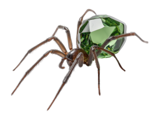 Luxurious jeweled spider with a large sparkling green gemstone abdomen and realistic hairy legs.