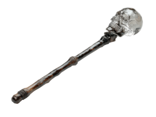 Gothic magic staff with a transparent crystal skull pommel on a dark gnarled wooden shaft.