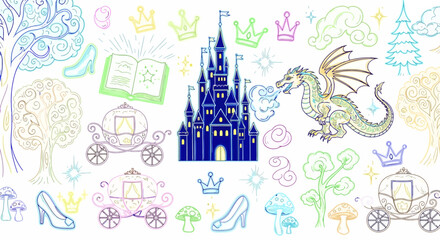 Enchanted Kingdom Dreamscape, a whimsical illustration featuring a fairytale castle, dragon, and carriages for children's books, fantasy art, and themed event decorations.