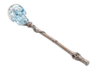 Ornate fantasy staff with a faceted blue crystal skull on a gnarled wooden shaft.