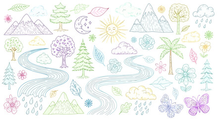 Whimsical Nature Doodle Collection Featuring Mountains, Rivers, and Trees, Perfect for Children's Books, Educational Materials, or Nature-Themed Design Projects