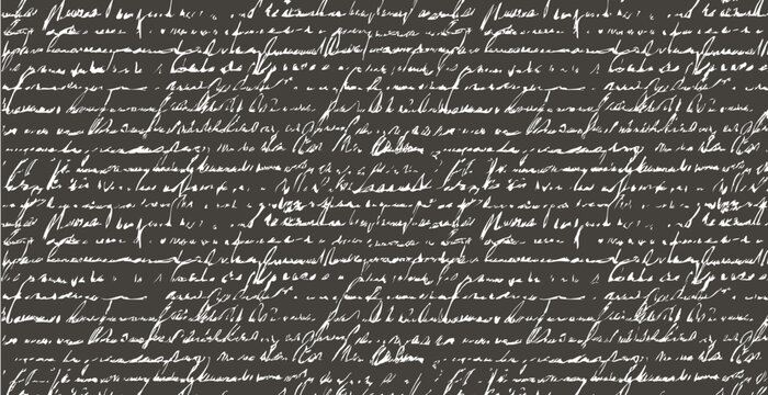 Seamless black pattern of abstract illegible handwritten text. Vintage grunge bad calligraphy script, old book document. Vector illustration of monochrome unreadable handwriting cursive poetry	