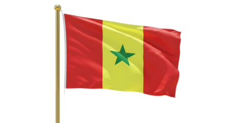 Waving Senegal flag with green star on yellow and red background, national symbol of West African country Senegal