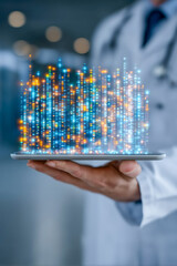 Futuristic data visualization in a medical setting.