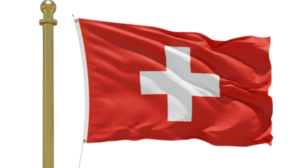 Waving Swiss flag on a golden flagpole with realistic fabric texture and movement against a white background, perfect for national and cultural projects