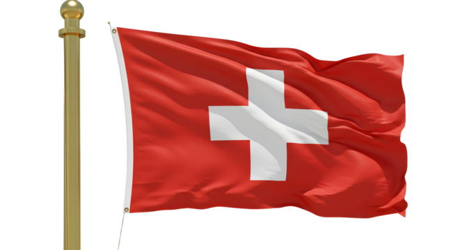 Waving Swiss flag on a golden flagpole with realistic fabric texture and movement against a white background, perfect for national and cultural projects