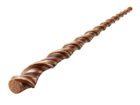 A long twisted wooden staff with a glossy brown finish and a spiral carved design shown diagonally.