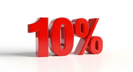 Large red 3D "10%" percentage symbol on white background, bold discount or sale concept